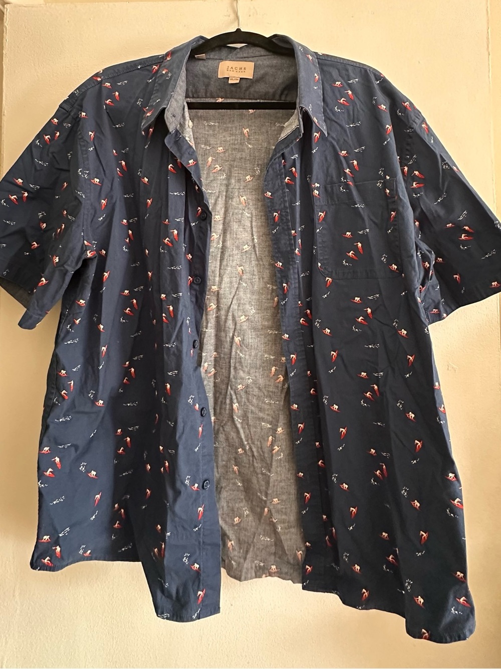 Jachs Navy Short-Sleeve Button-Down Shirt with Red Swim Print